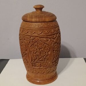 Hand-Carved Wooden Storage Jar - Brown